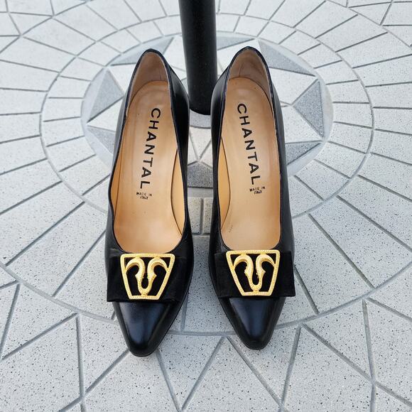 Chantal Black Leather Gold-Tone Applique Contrast Block Heel Pumps 8M - Picture 3 of 10